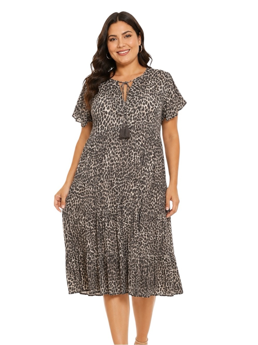 Karlie Animal Print Midi Dress Tassles Church Career Measures as L No Sz Tag